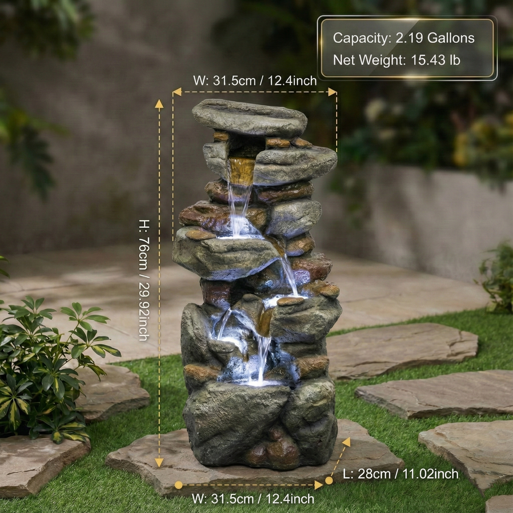 Outdoor Water Fountain Large with LED Light for Patio and Garden