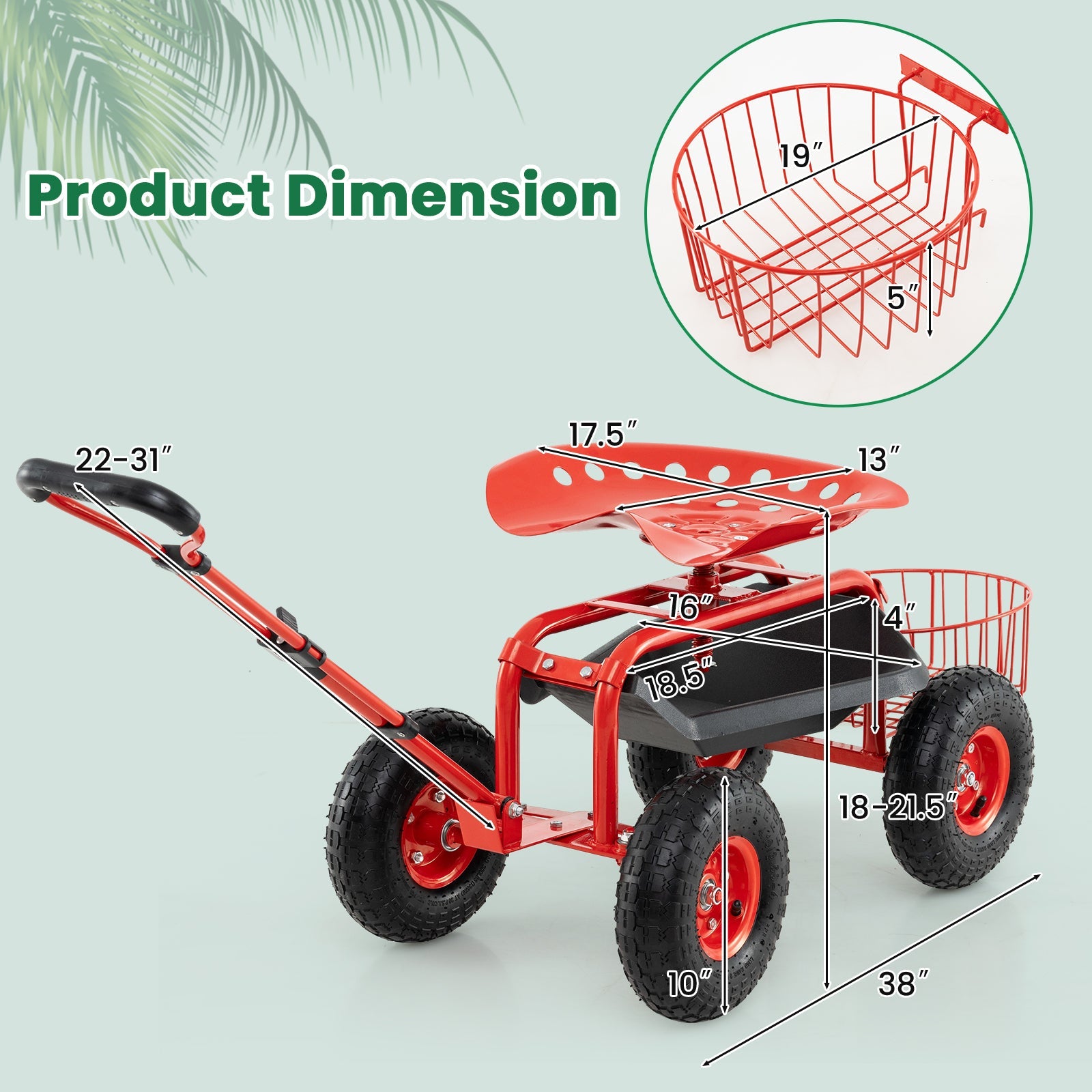 Heavy Duty Garden Cart with Tool Tray and 360 Swivel Seat-Red